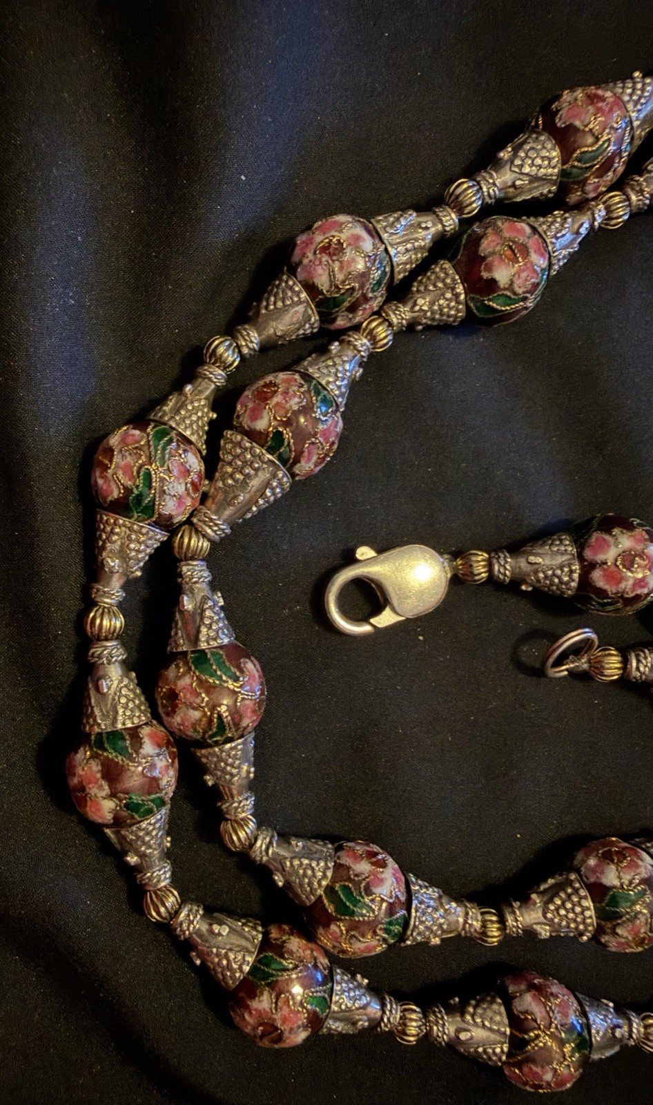 Vintage Long Cloisonné Necklace Copper Based & Wire Pewter Binding 925 Clasp