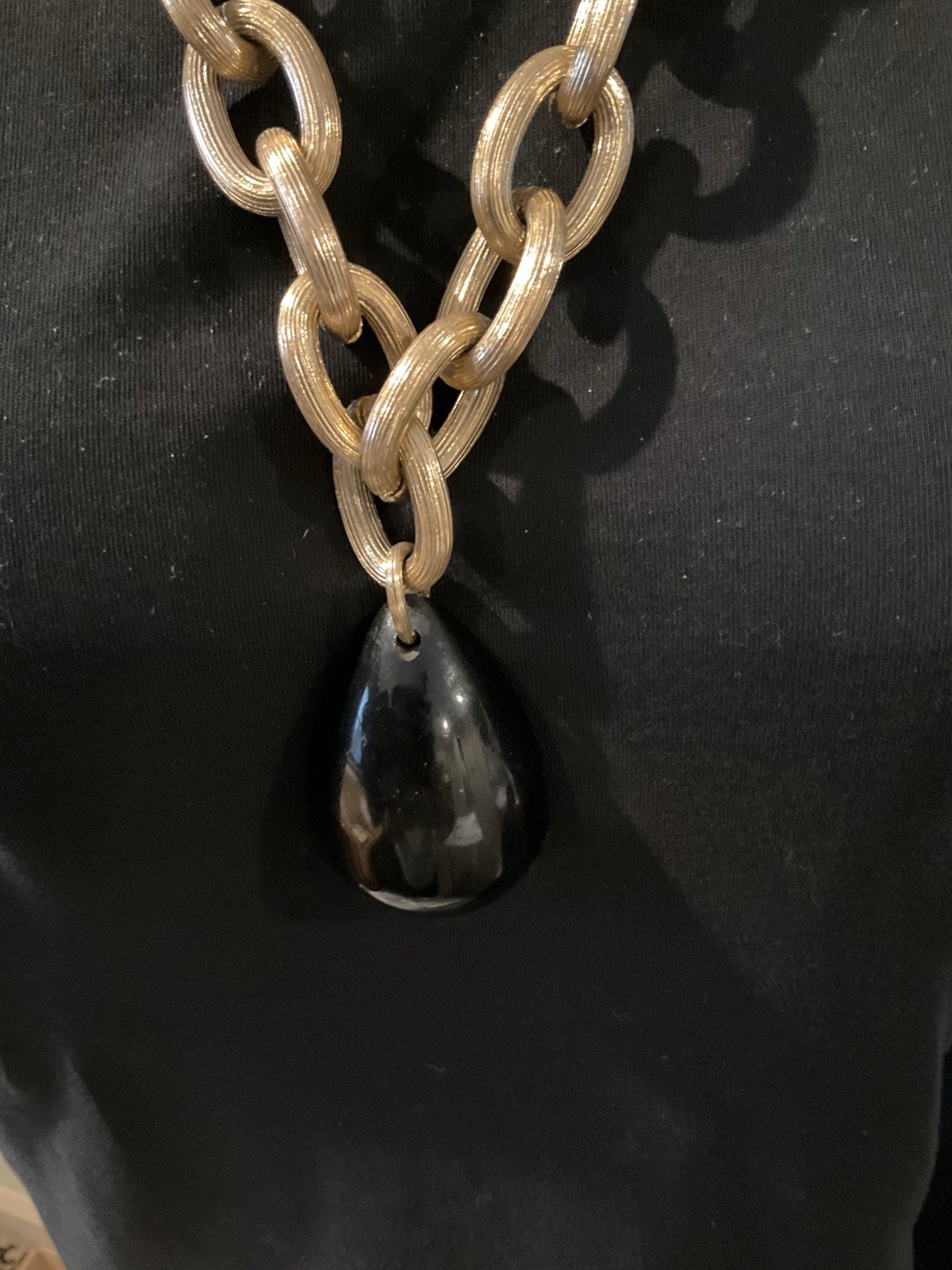 Vintage Light Chunky Necklace with Large Black Pendant Bold Statement Piece