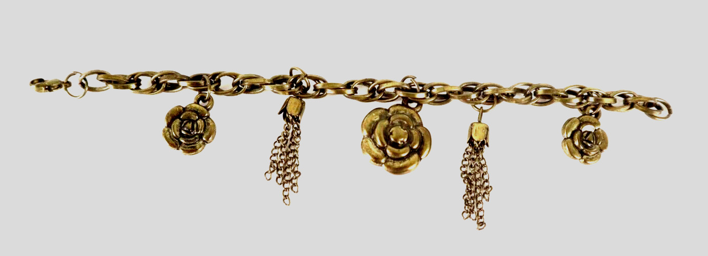 Vintage Bracelet Gold Tone Rose & Chain Dangles Charms 7.5″ Jewelry Accessories