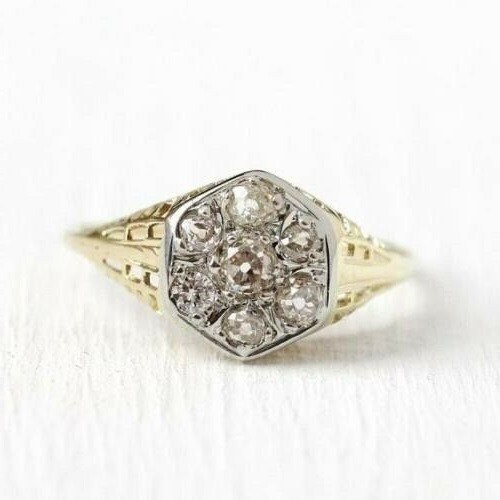 Vintage 2CT Round Lab Created Diamond Ring Hexagon Cluster 14K Two-Tone Gold FN