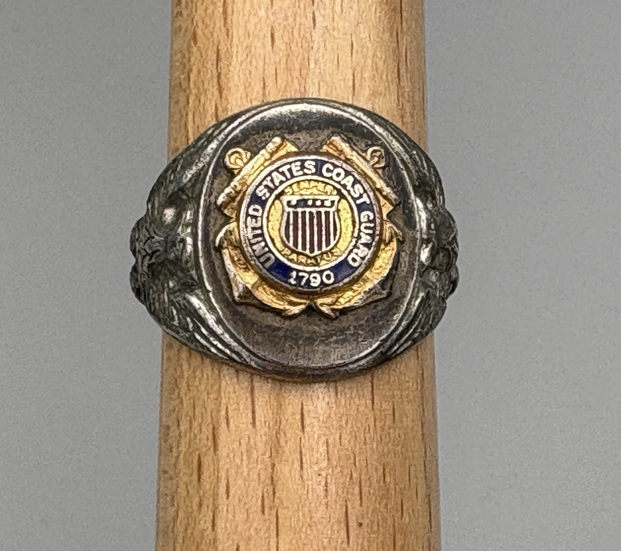 Vintage Sterling Silver United States Coast Guard Signet Ring Enameled 8.5 1790