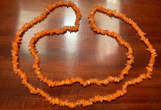 VINTAGE Polished Stone Necklace, Orange, 35″ Long, No Clasp