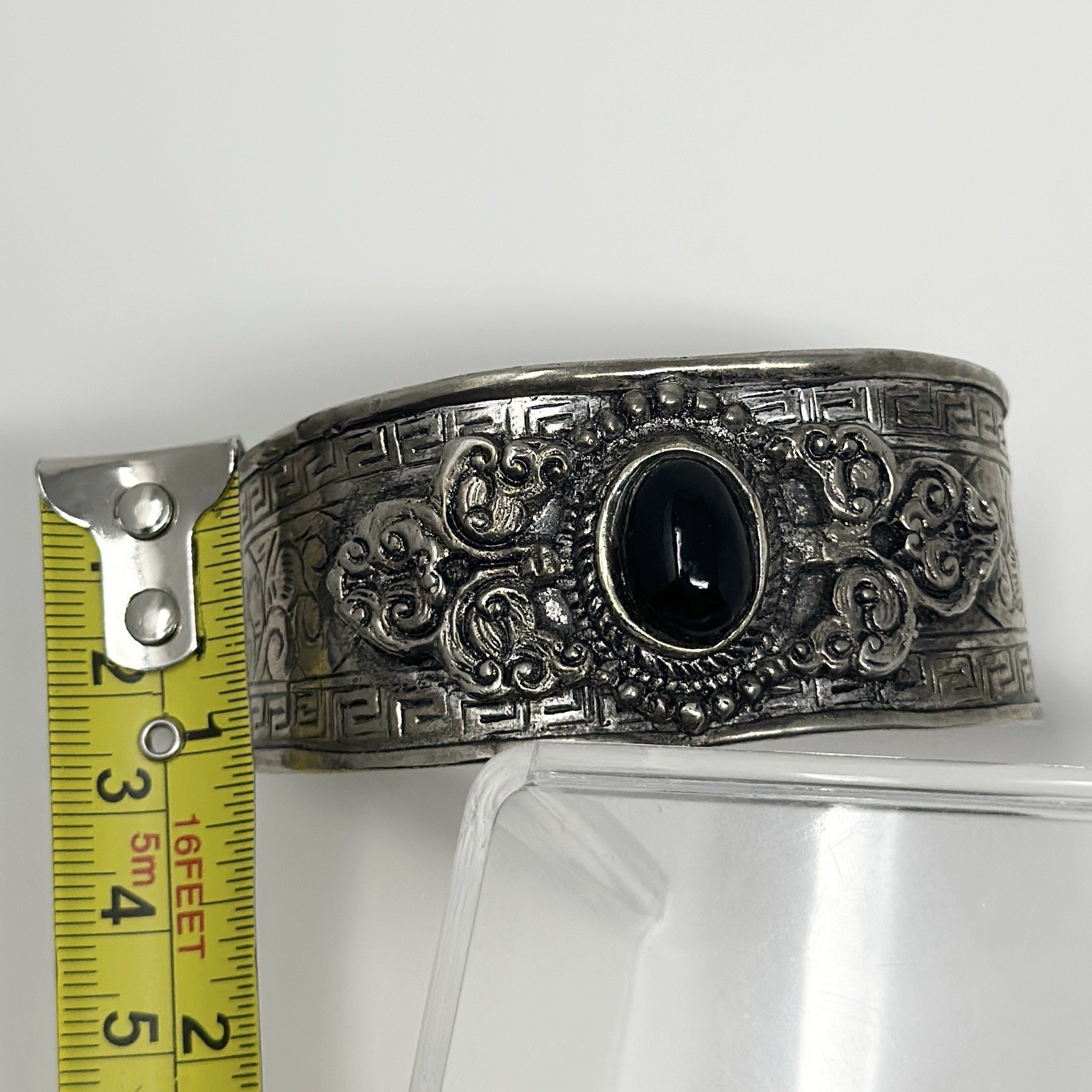 Vintage Silver Tone Nickel Silver Black Onyx Cabochon Wide Open Cuff Bracelet