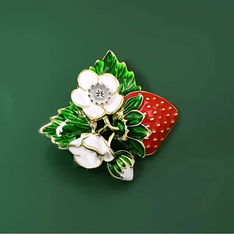 Red Strawberry Fruit Brooch Pin Rhinestone Accents Fashion Women Golden Tone