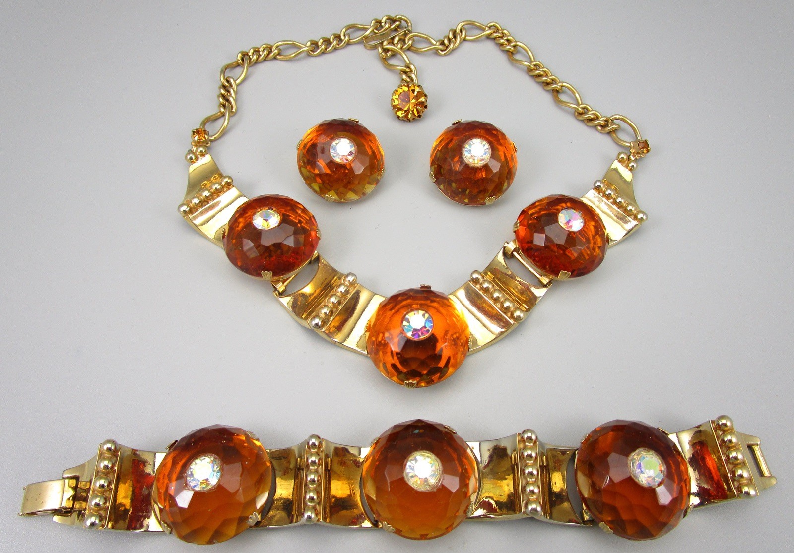 GORGEOUS 1960’S FACETED AMBER GLASS RHINESTONE NECKLACE BRACELET EARRINGS SET
