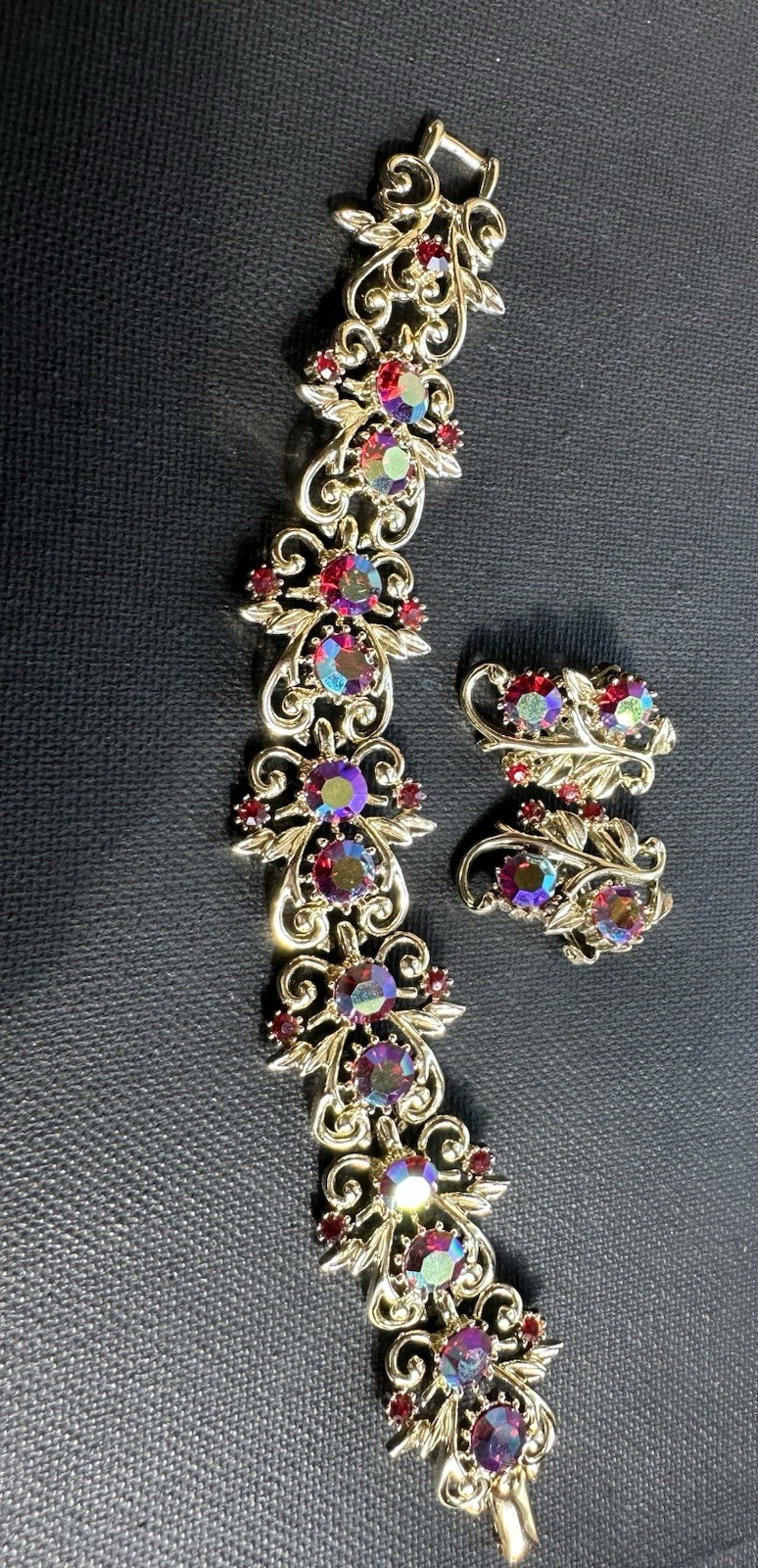 Vintage Gold Coro Red Aura Borealis Bracelet And Clip On Earring Set.