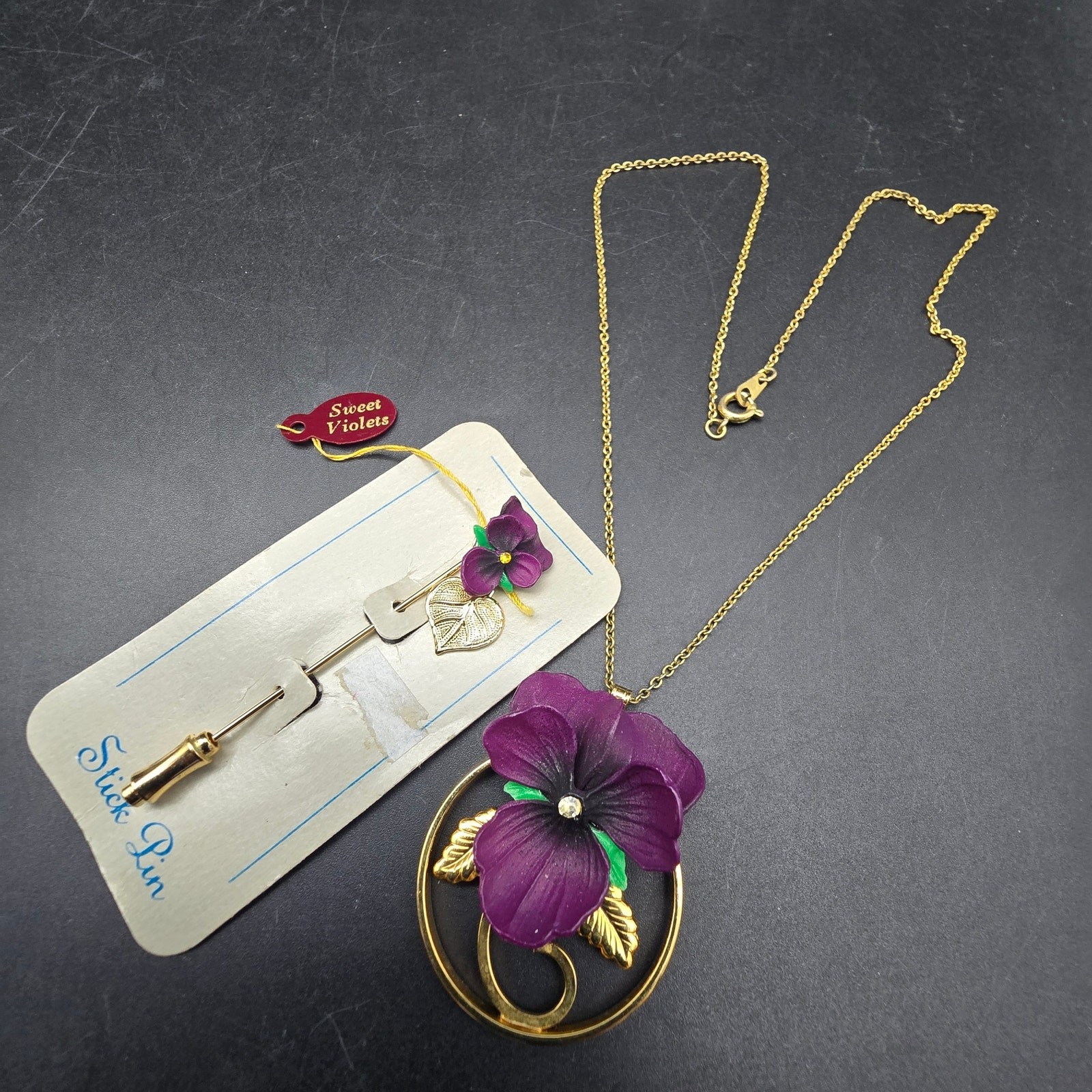 Purple Violet Necklace Stick Pin Set Vintage Floral Flower Jewelry