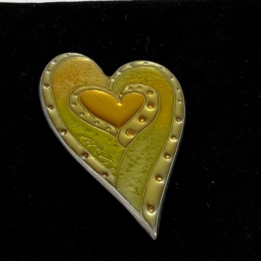 Y2K Vintage Laurel Burch Signed Heart Brooch Green Yellow Enamel Jewelry Pin Art