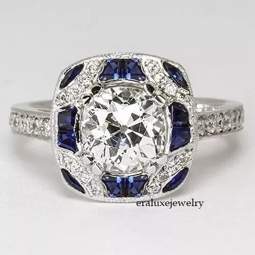Art Deco Style Lab Created Diamond & Sapphire Engagement 14K White Gold FN Ring