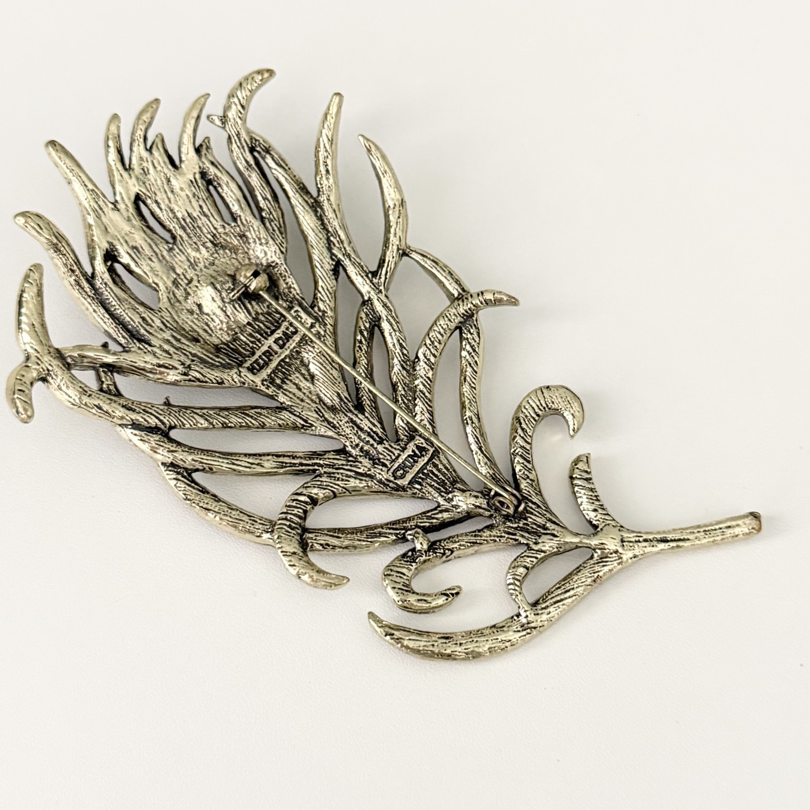 Heidi Daus Signed Rare Big Peacock Feather Rhinestone Statement Brooch Pin