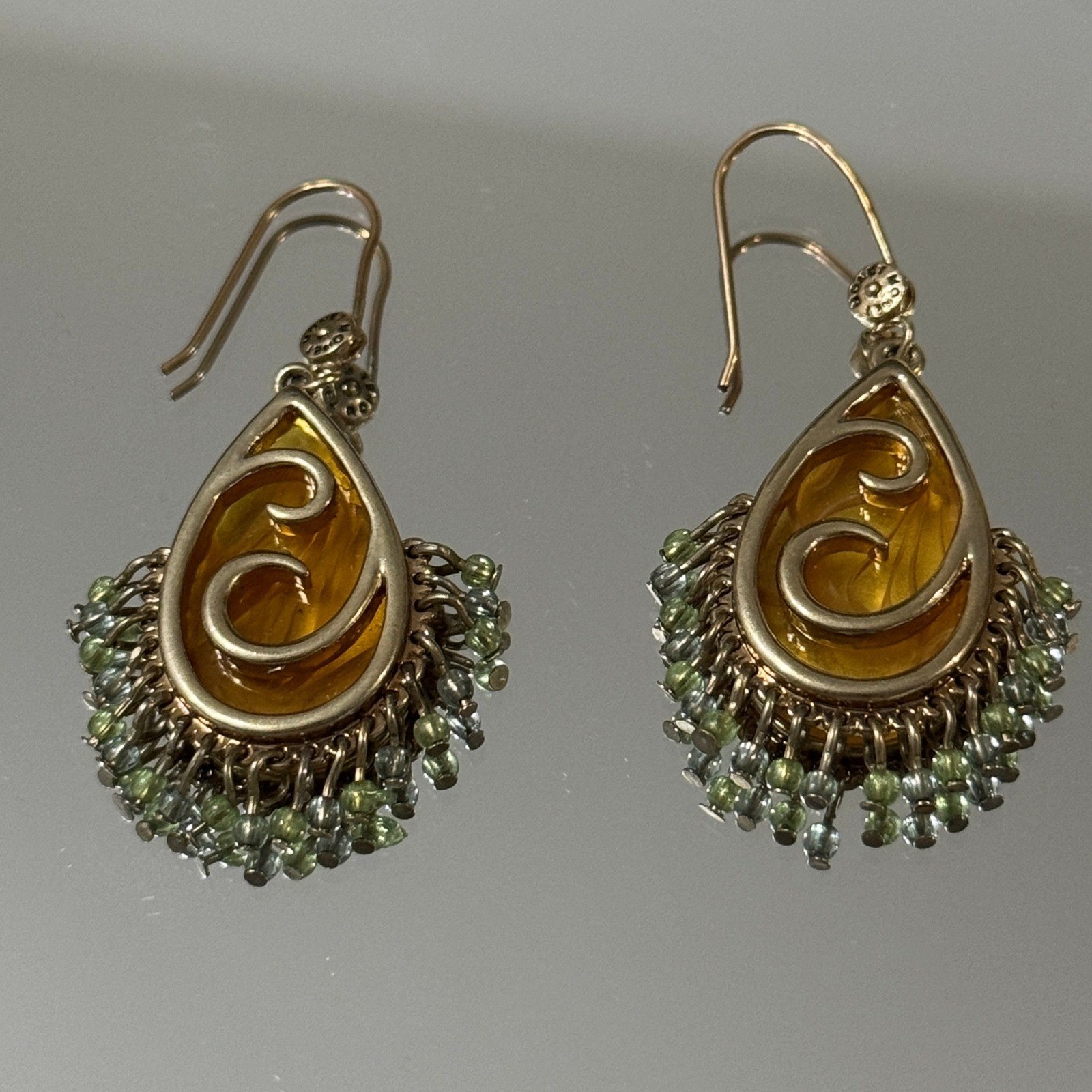 Monet Teardrop Amber Gold Tone Dangle Earrings Beaded Boho Vintage Chic