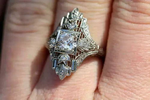Vintage Art Deco Style Lab Created Diamond Filigree 14K White Gold Finish Ring