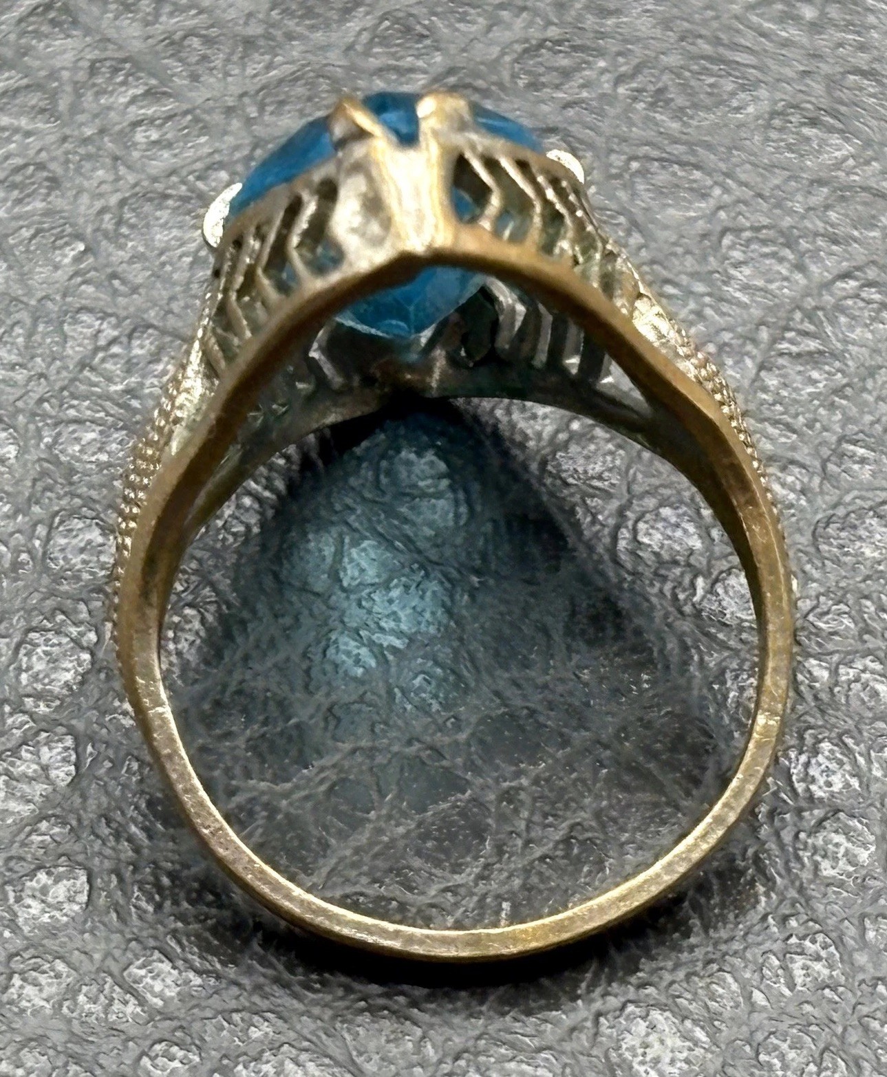 Vintage Marquise Blue Faux Topaz Glass Filigree Statement Ring Sz 5.5