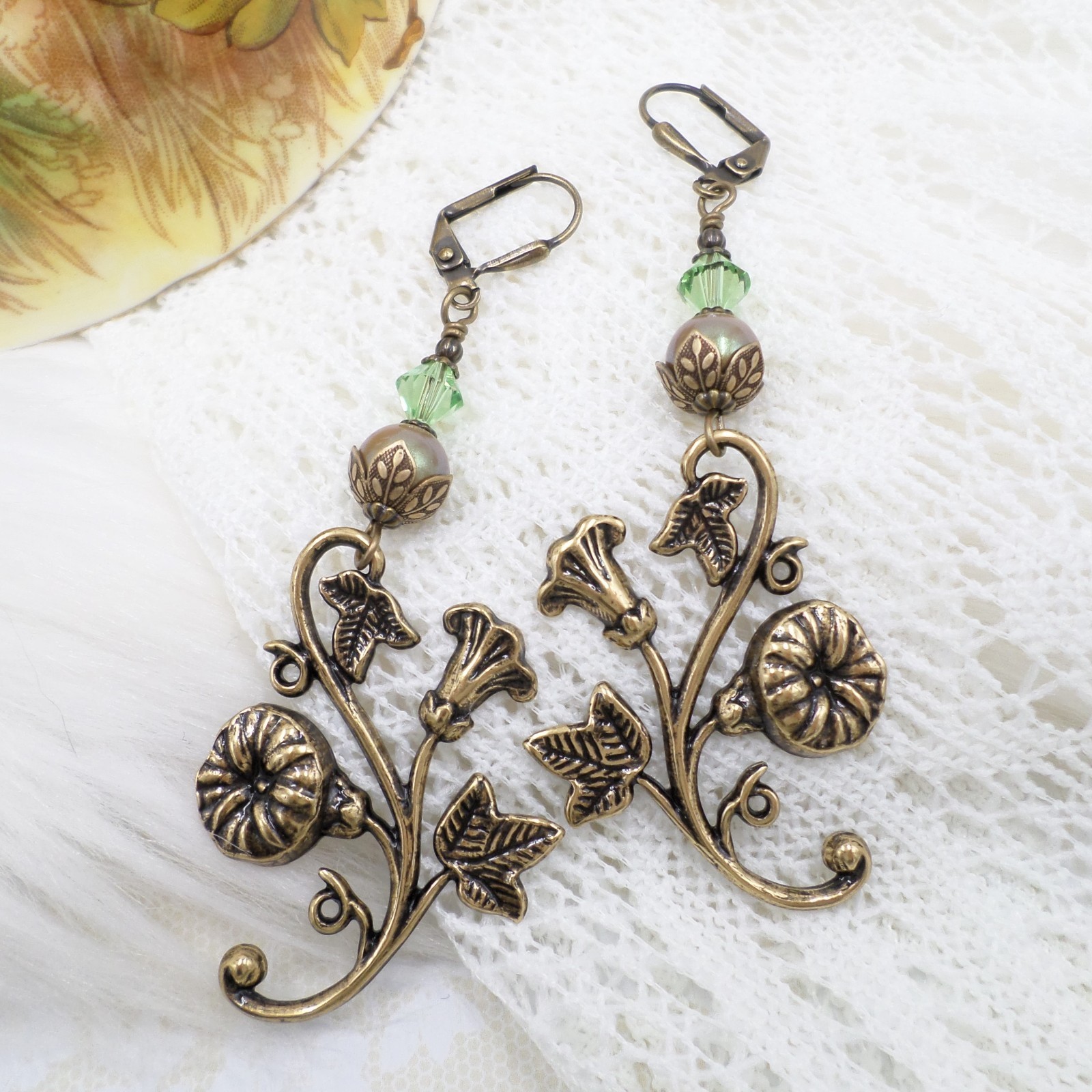 Art Nouveau Floral Brass Earrings Green Crystal Dangle Leverback Vintage Style