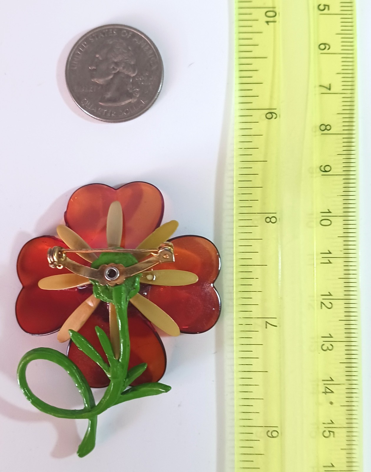 Vintage Orange, Yellow & Green Plastic (Cellulose Acetate?) Flower Brooch