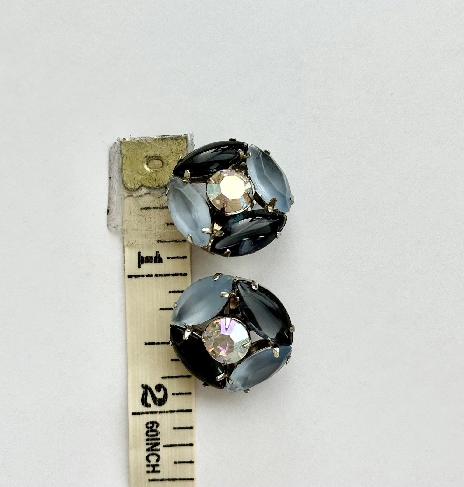 D&E Vintage Flower Corsage Ice Blue & Onyx Navette Brooch Pin & Clip-on Earrings