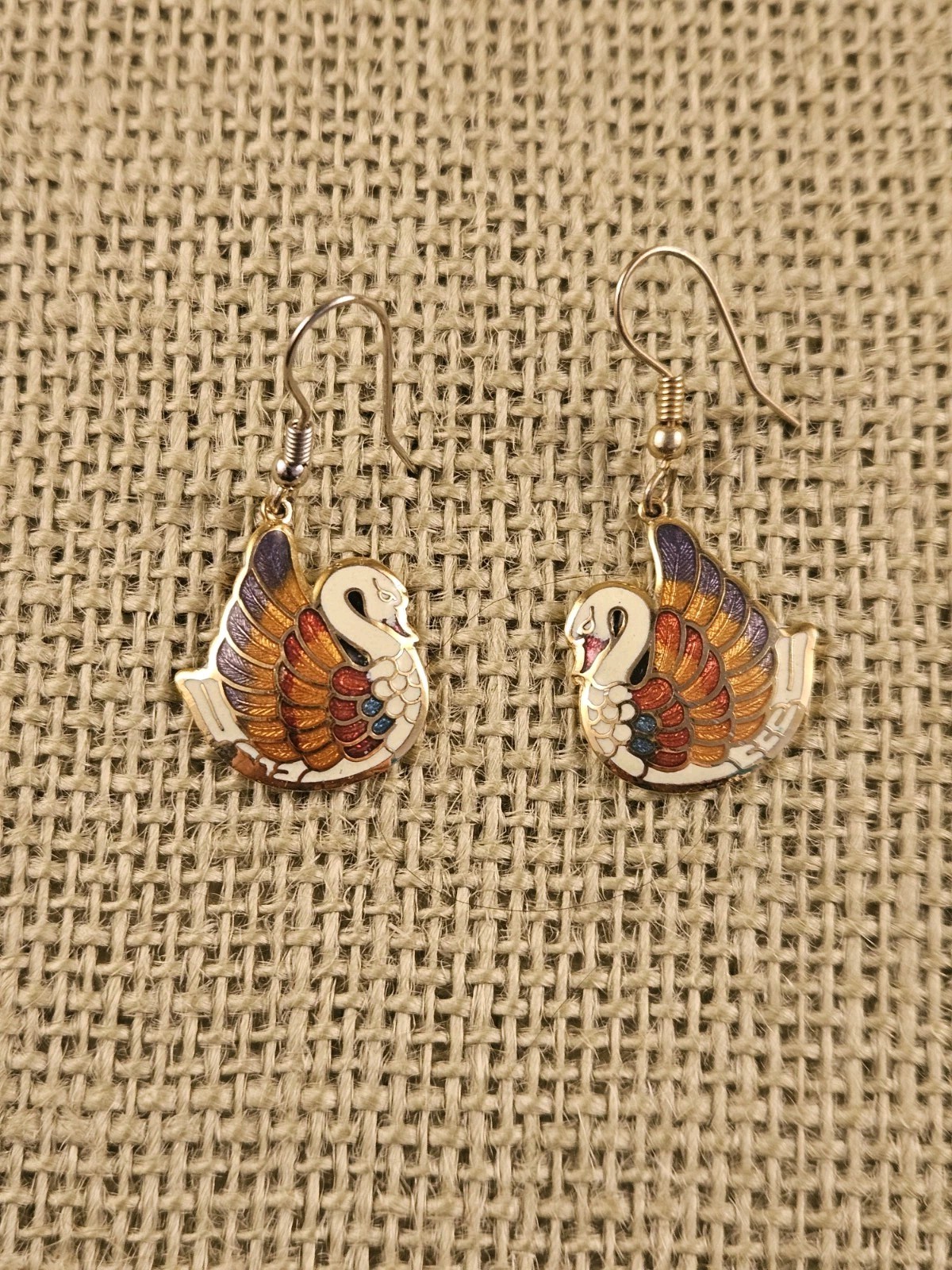 Vintage Cloisonne Enamel Swan Drop Dangle Earrings White Purple Orange Red