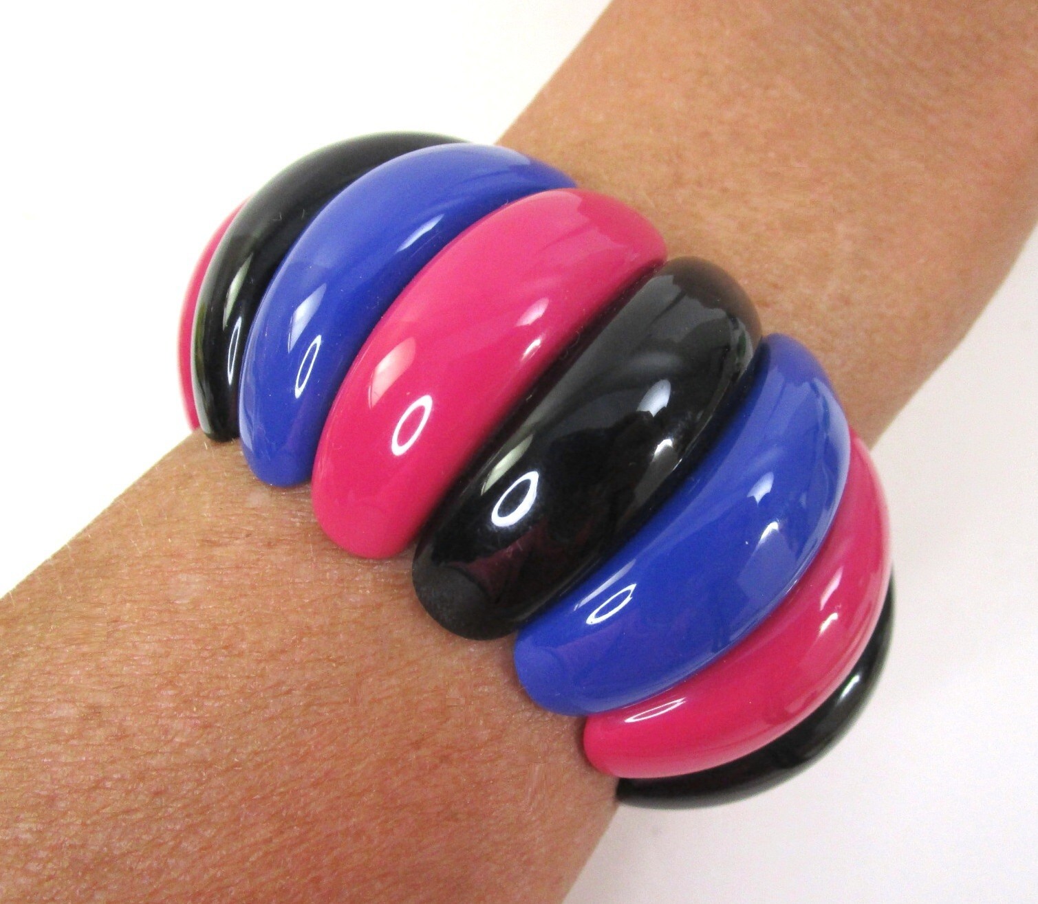 Vintage Avon Chunky Stretch Bracelet Black Blue Fuchsia Pink Art Color 1986