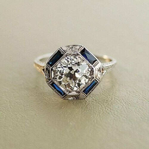 2.00Ct Art Deco Style Lab-Created Diamond & Sapphire Engagement Ring 925 Silver