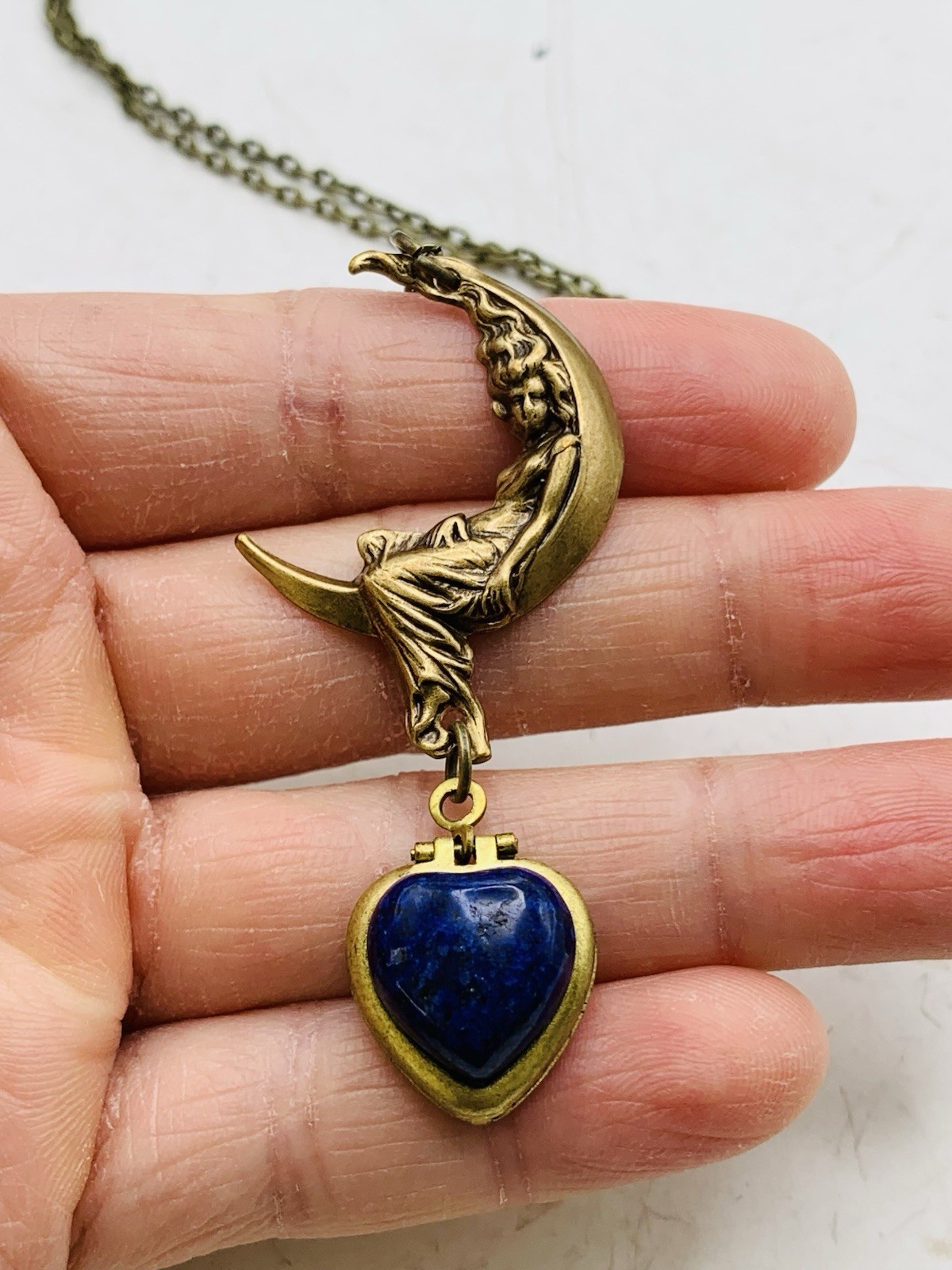 Vintage Style Goddess Crescent Moon Blue Lapis Lazuli Mini Heart Locket Necklace