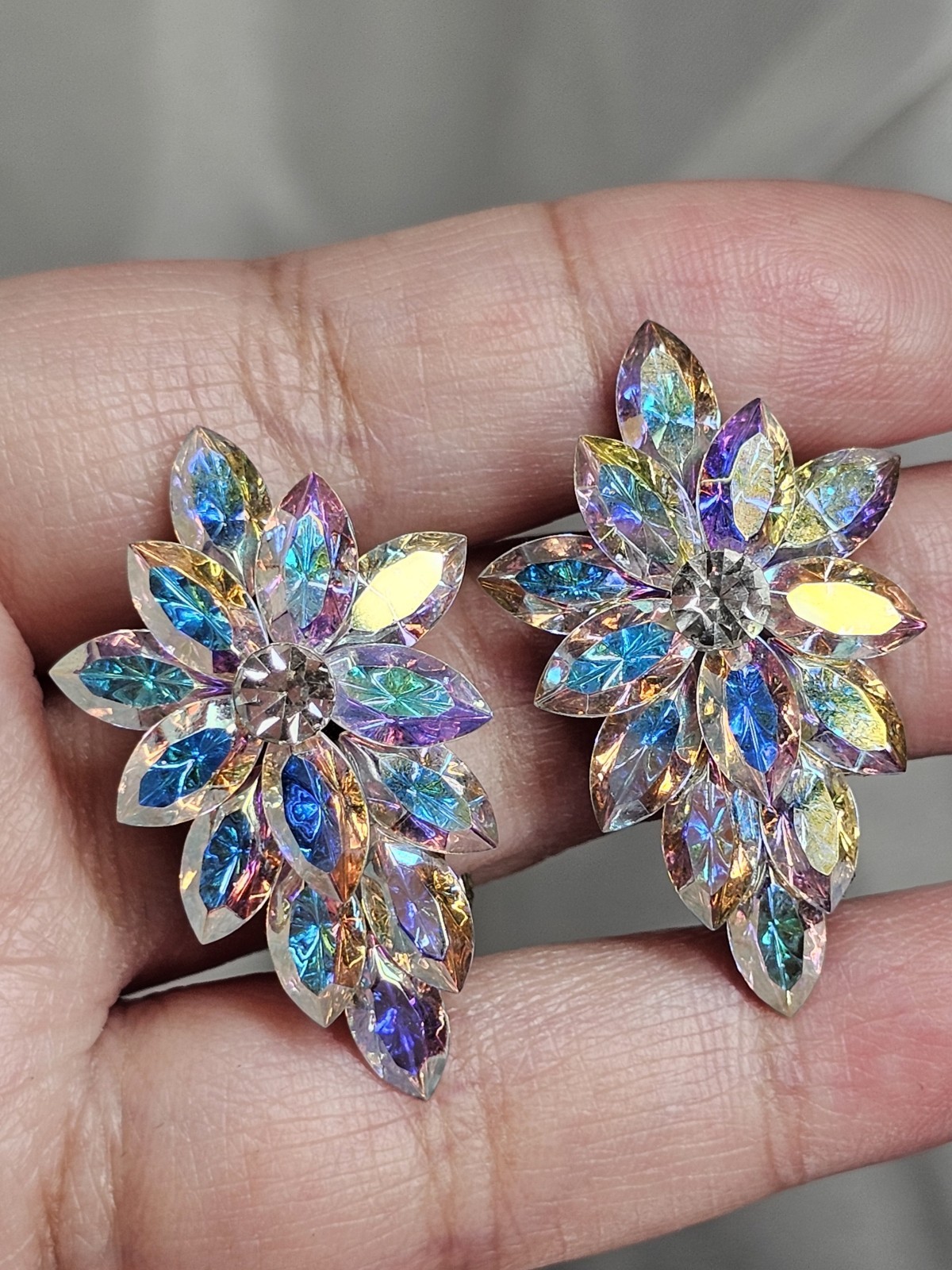 Vintage Cluster Earrings Crystal Aurora Borealis AB Marquis Pattern Omega Backs