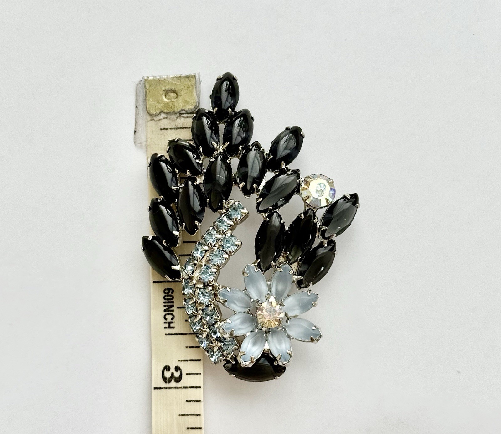 D&E Vintage Flower Corsage Ice Blue & Onyx Navette Brooch Pin & Clip-on Earrings