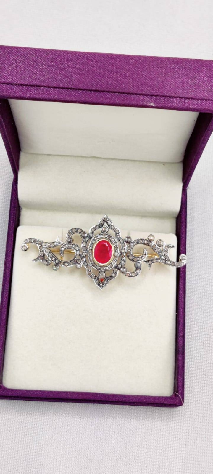 Victorian Ruby Bow Brooch Pin Rose Cut Diamond 925 Sterling Silver Antique Gift