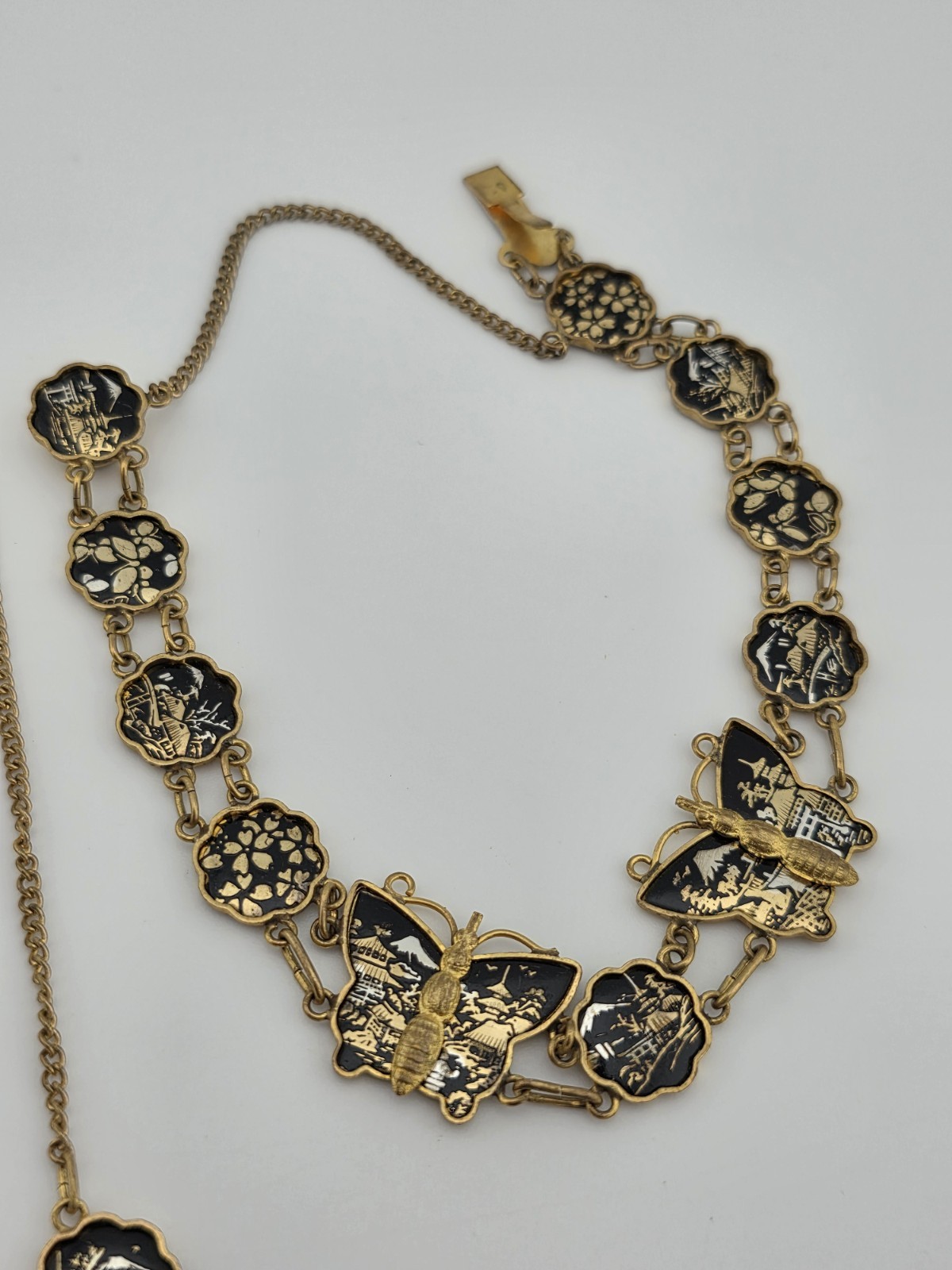 Rare 1940s Japanese 24K Gold Plated Damascene Butterfly Necklace Bracelet Set