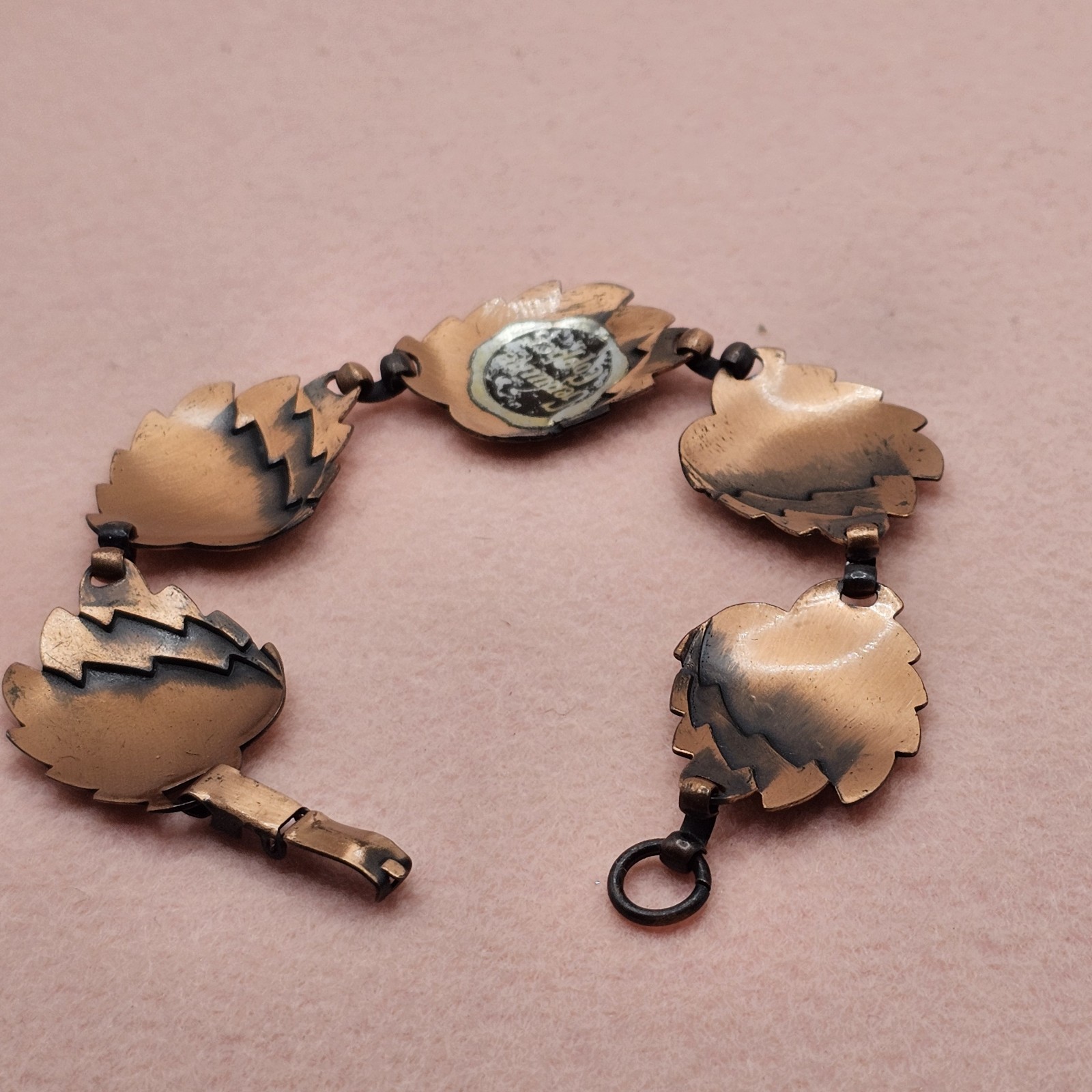 Vintage Copper Leaf Panel Link Bracelet Sz 7.5 Original Sticker Western