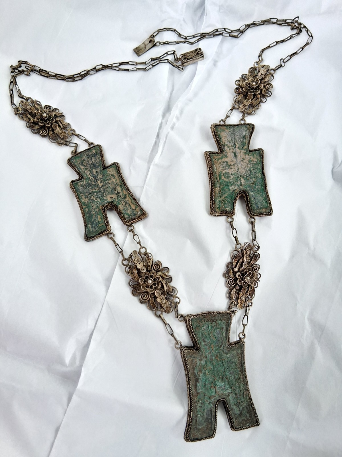 Rare Refined Art Deco Chinese Export Filigree Necklace Spade Money YAN