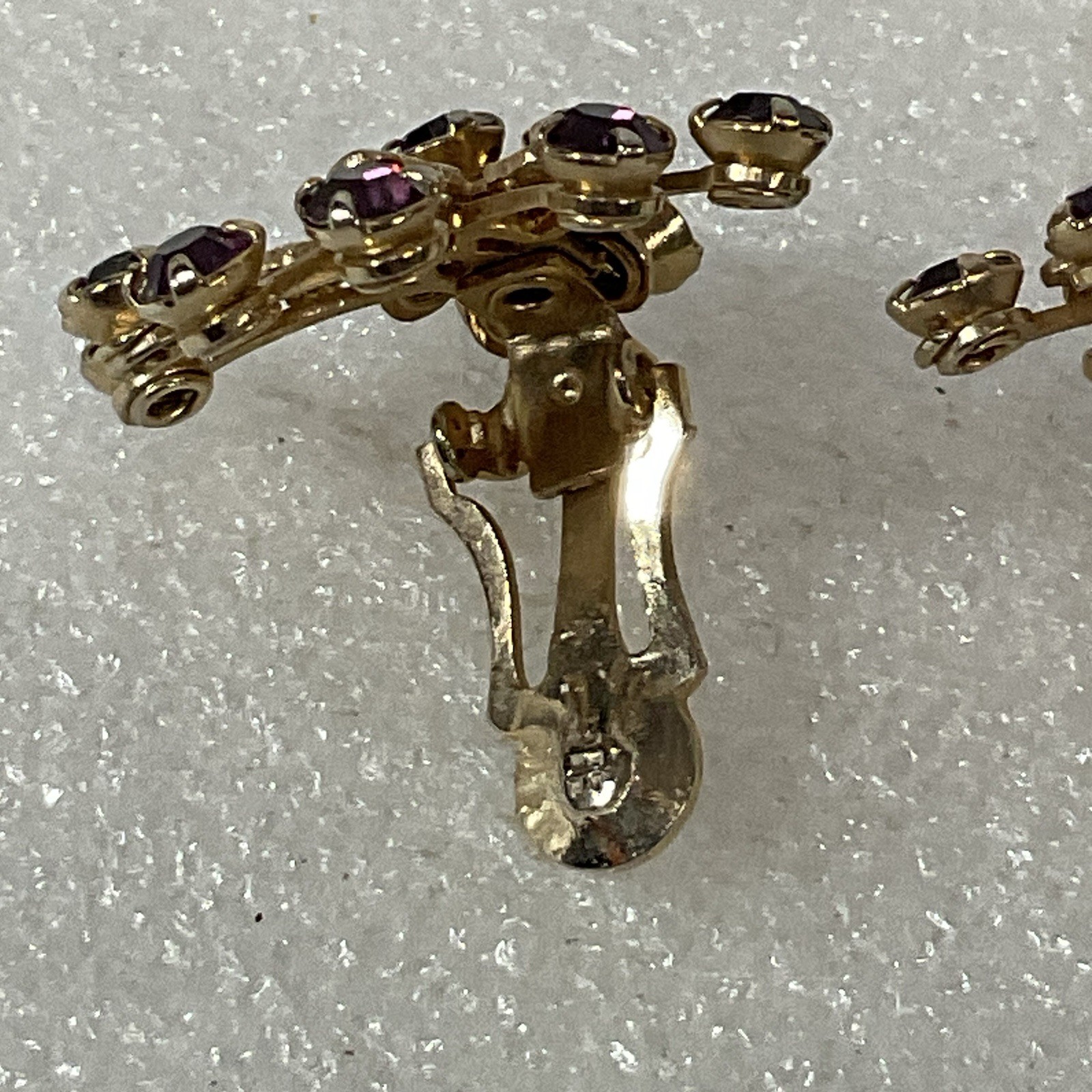 Vintage Purple Rhinestone Floral Cluster Clip-On Earrings Gold Tone