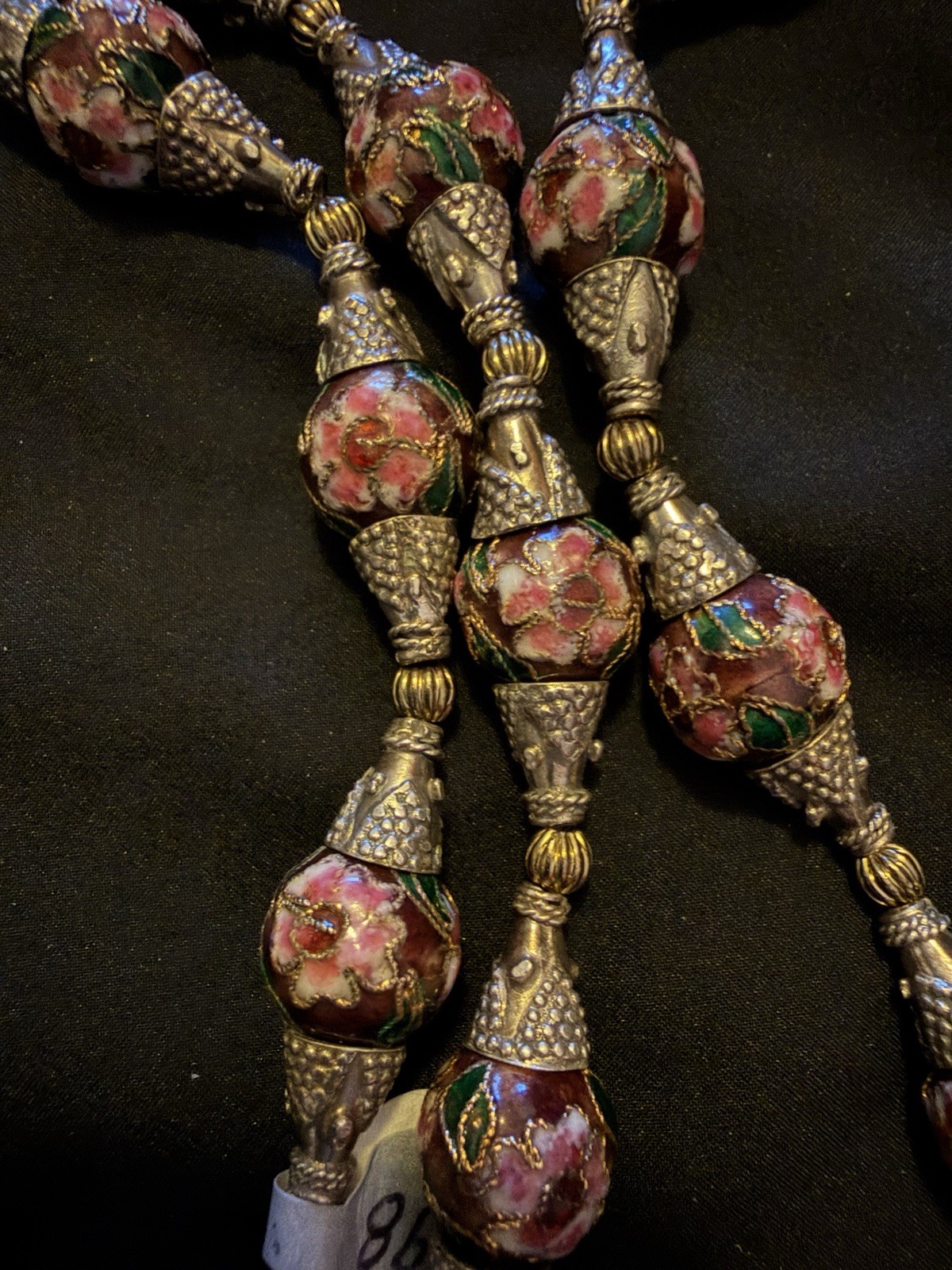 Vintage Long Cloisonné Necklace Copper Based & Wire Pewter Binding 925 Clasp