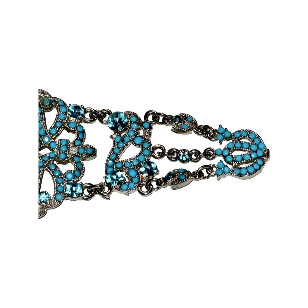 VCLM Victorian Filigree Silver Turquoise Crystal Wide Statement Bracelet