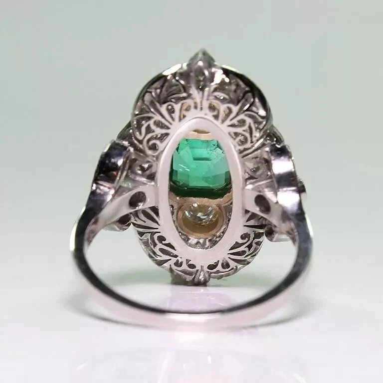 Art Deco Vintage Style Lab Created Emerald Engagement Wedding 925 Silver Ring