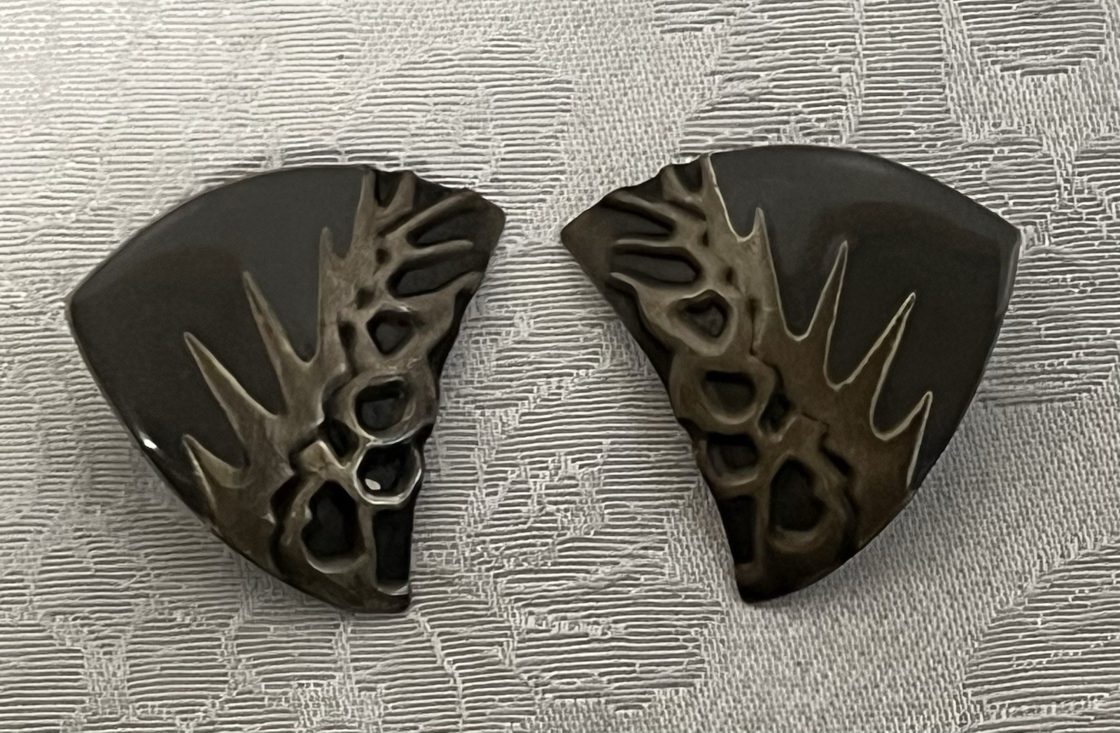 Vintage Large Abstract Asymmetrical Statement Pierced Earrings • Gray & Bronze