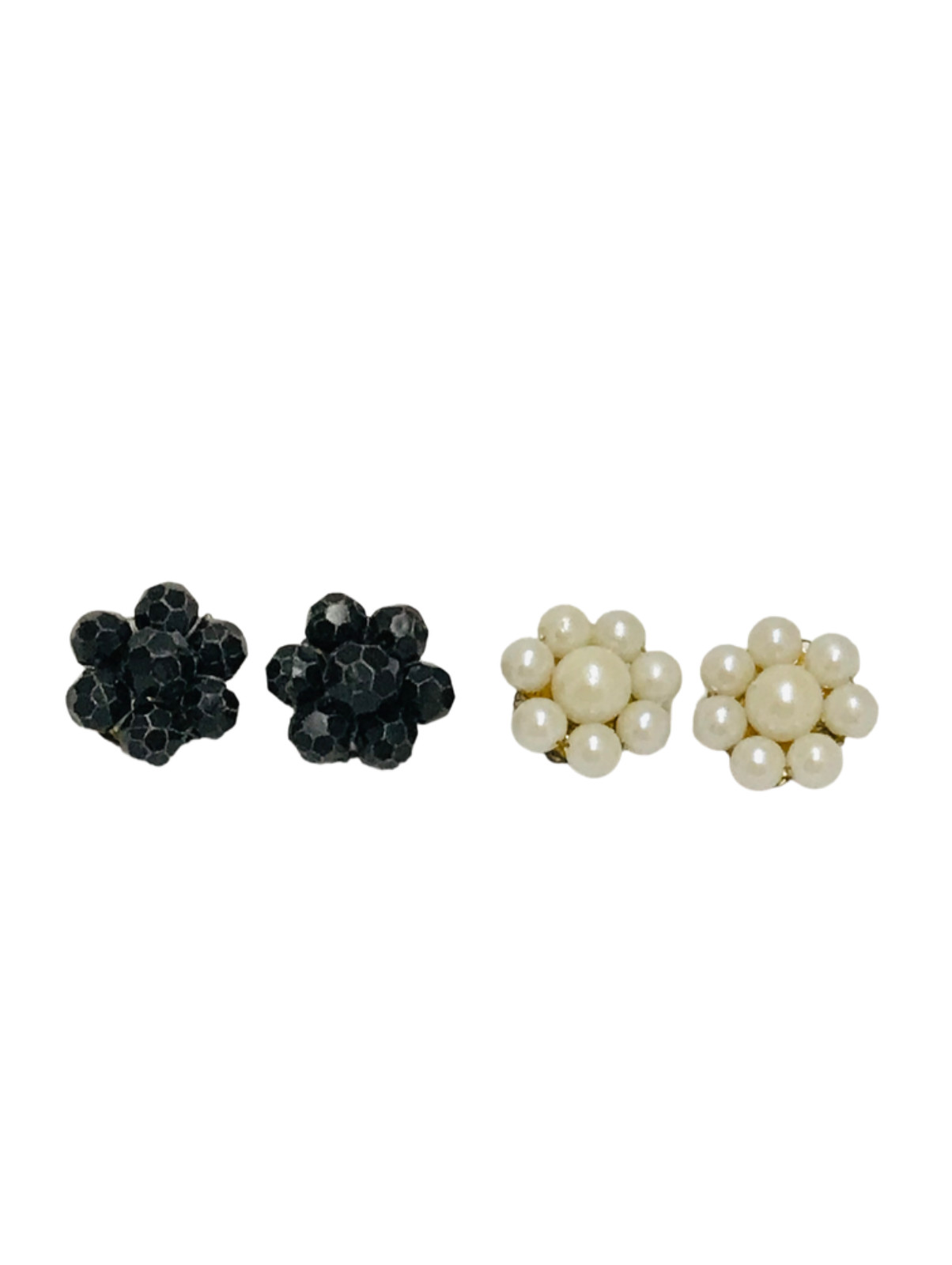 Vintage Hong Kong Japan Black Lucite Bead Cluster Clip On Earrings Black White