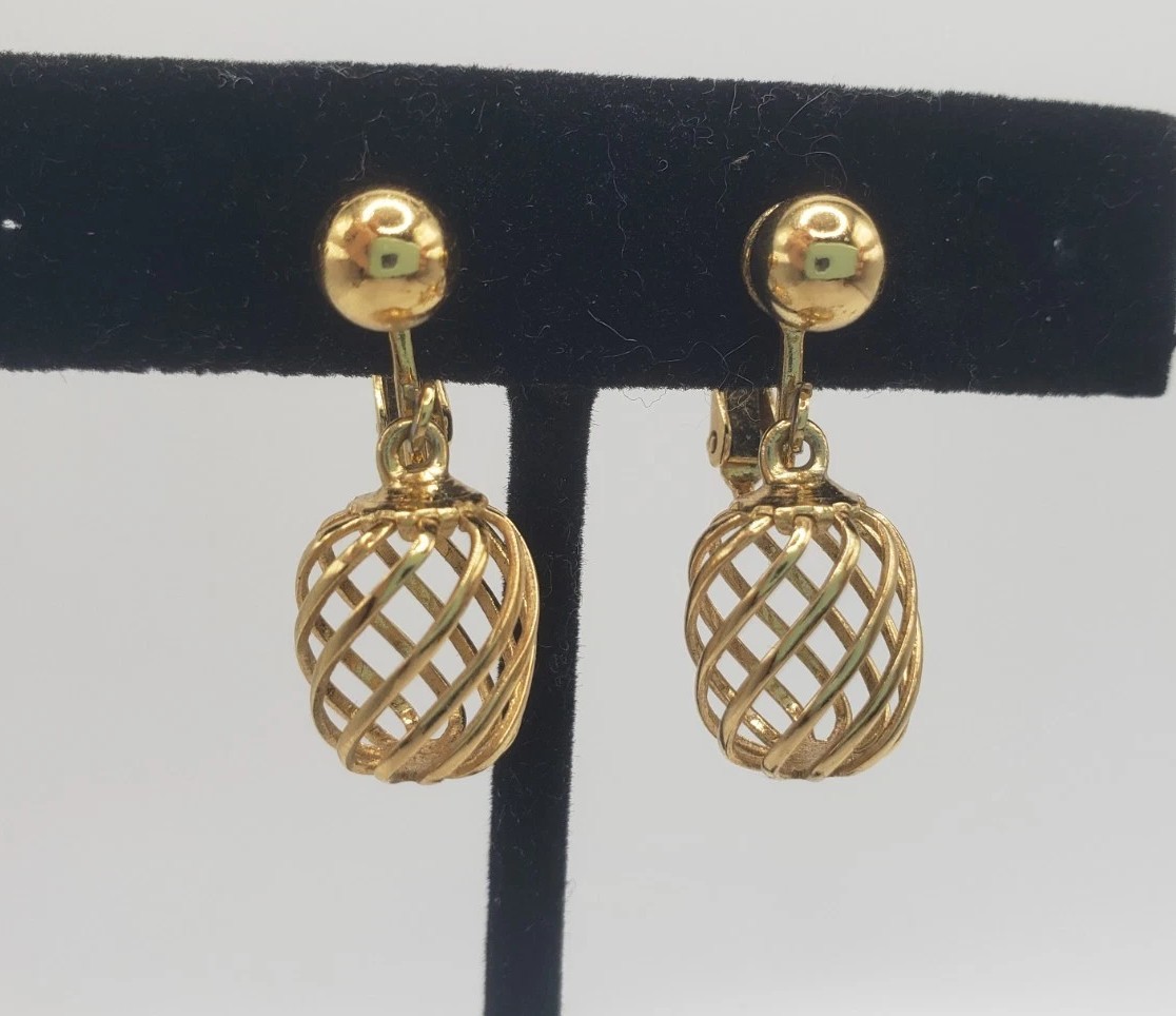 Napier Gold Tone Clip On Screw Back Dangle Drop Gold Birdcage Twist Earrings