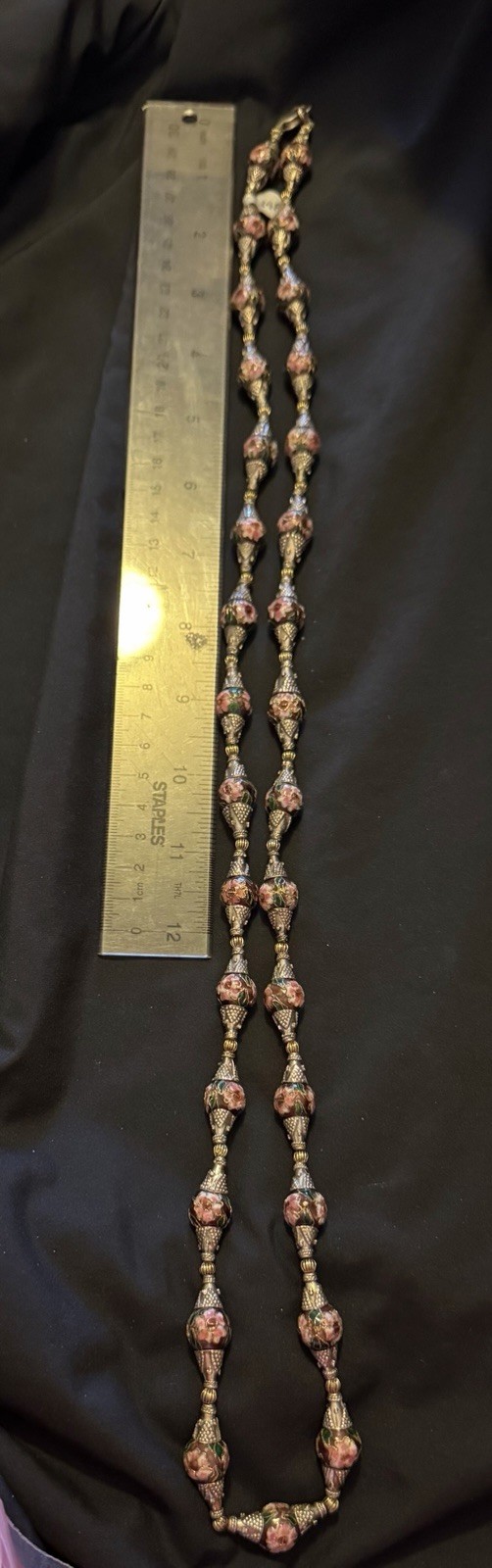Vintage Long Cloisonné Necklace Copper Based & Wire Pewter Binding 925 Clasp