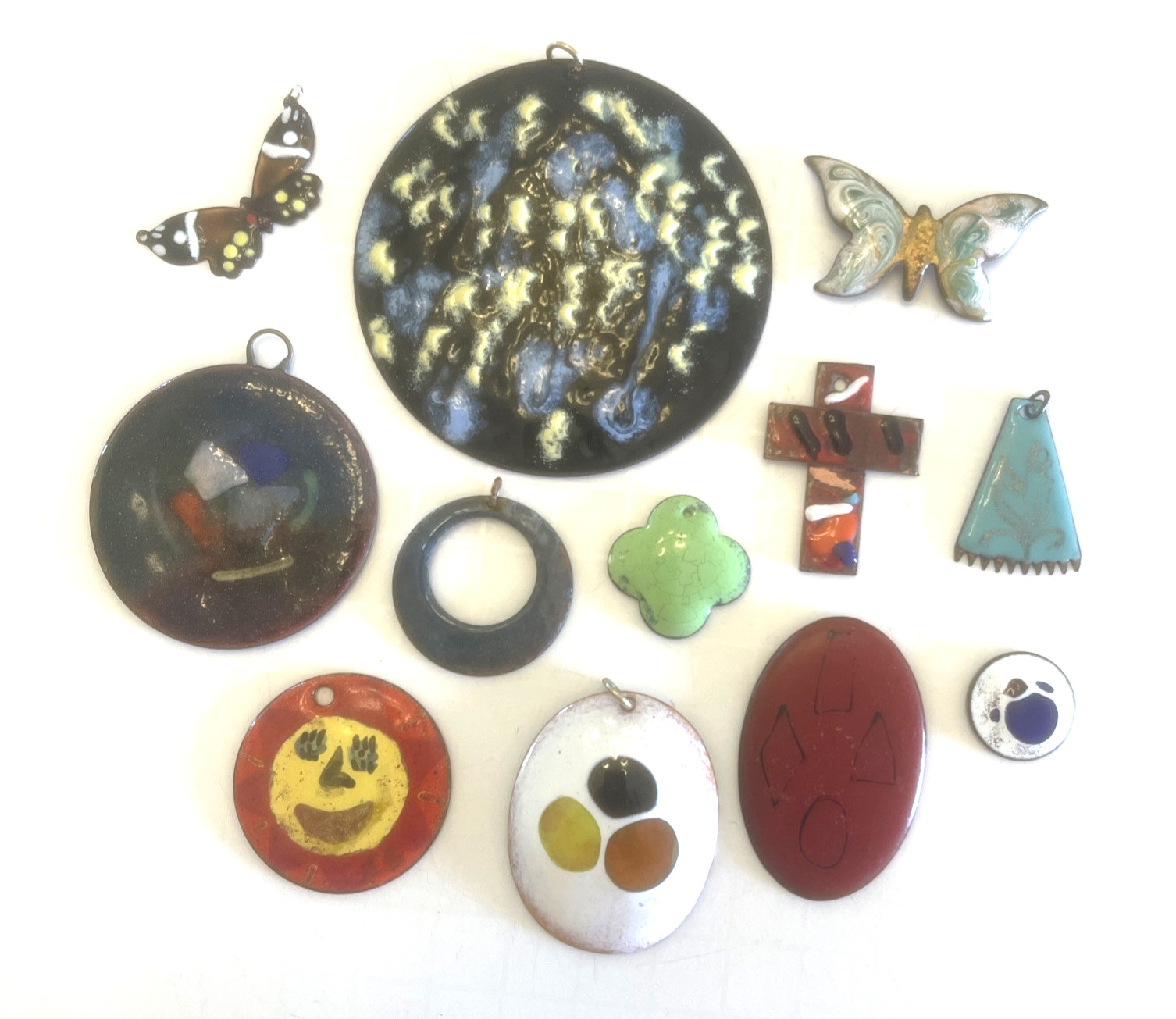Vintage Lot Of 12 Enameled Copper Pendants