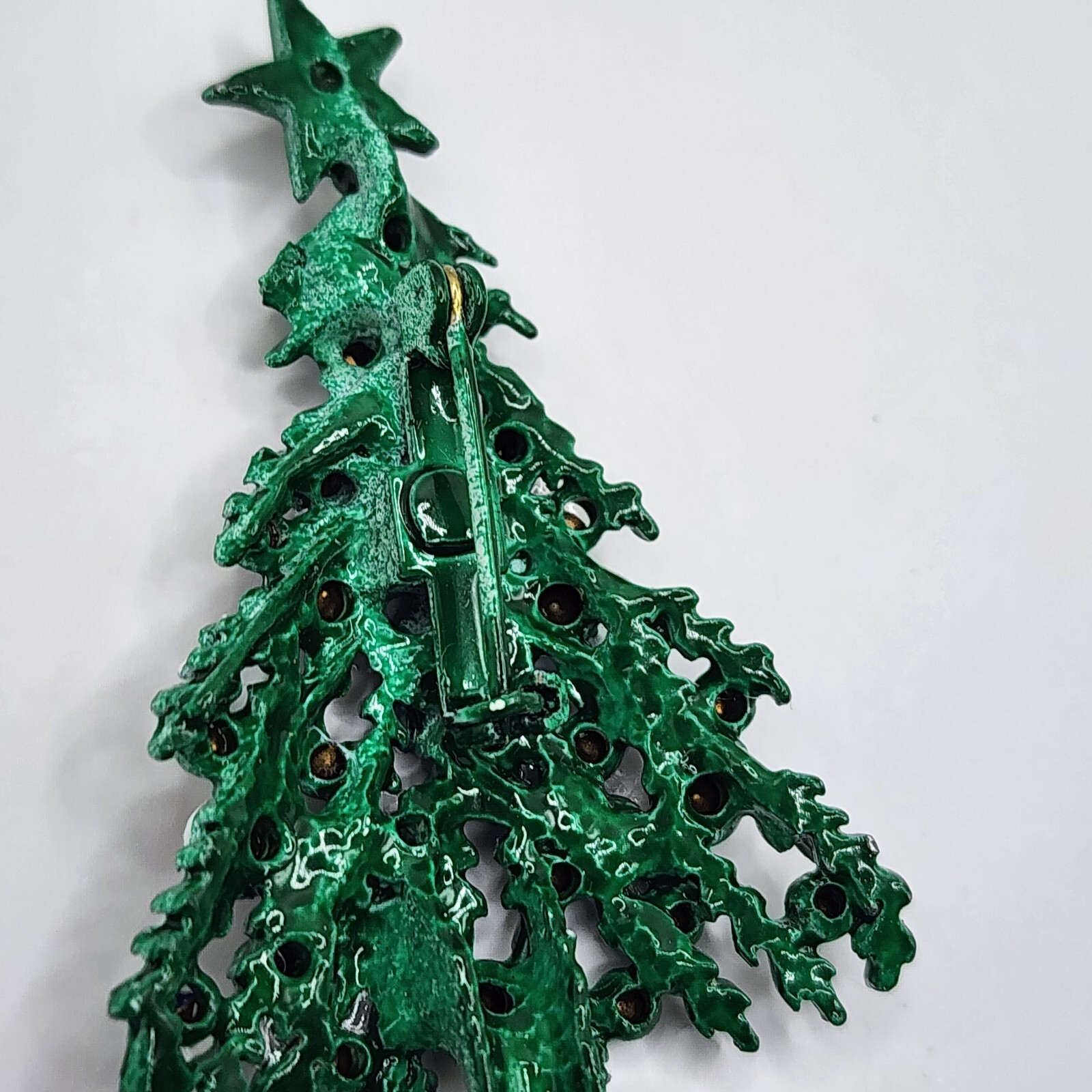 Vintage Christmas Tree Brooch VTG Rhinestone Ornaments And Snowy Branches