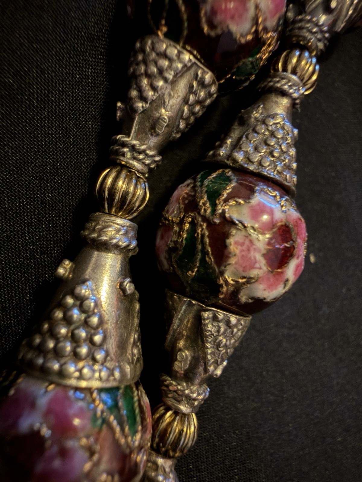 Vintage Long Cloisonné Necklace Copper Based & Wire Pewter Binding 925 Clasp