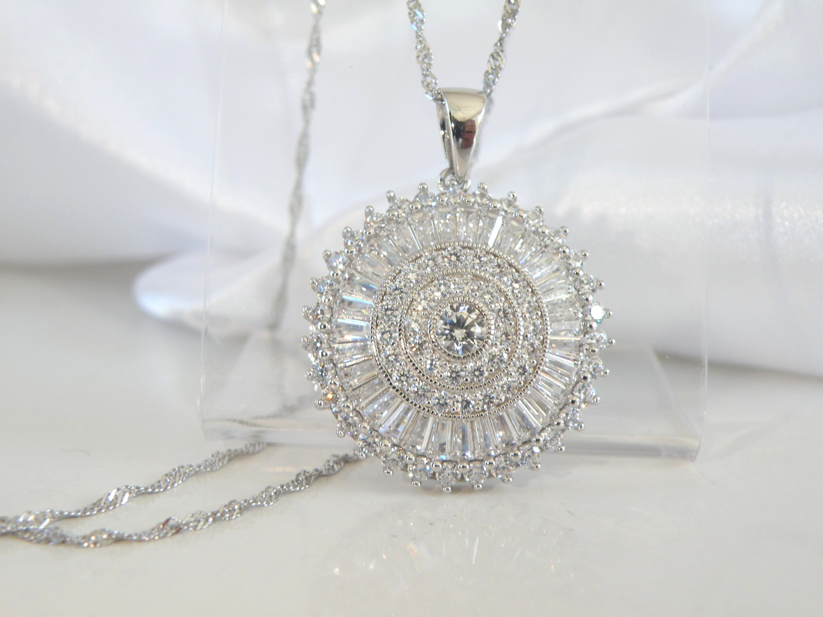 Vintage Style Sterling Silver 925 Baguette Cluster CZ Large Pendant Necklace