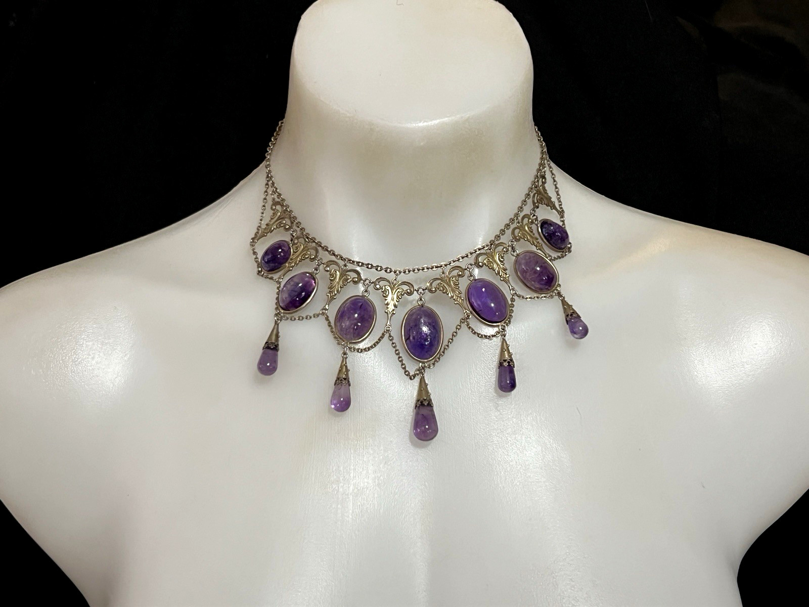 ANTIQUE VICTORIAN STERLING SILVER GILT LARGE AMETHYSTS NECKLACE CHOCKER