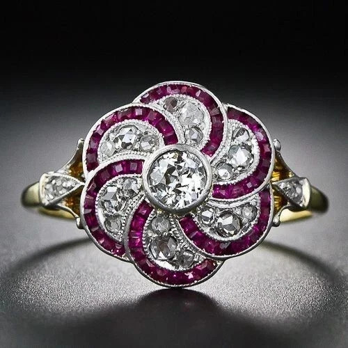 Vintage Art Deco Style Lab Created Diamond & Ruby Wedding 14K Gold Finish Ring