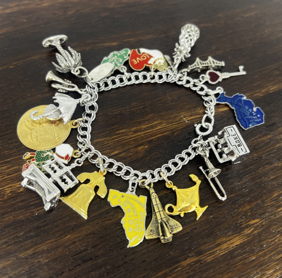 Vintage Charm Bracelet 1980s Style with 18 charms. 6.5″ 45.8 grams Sterling, GF