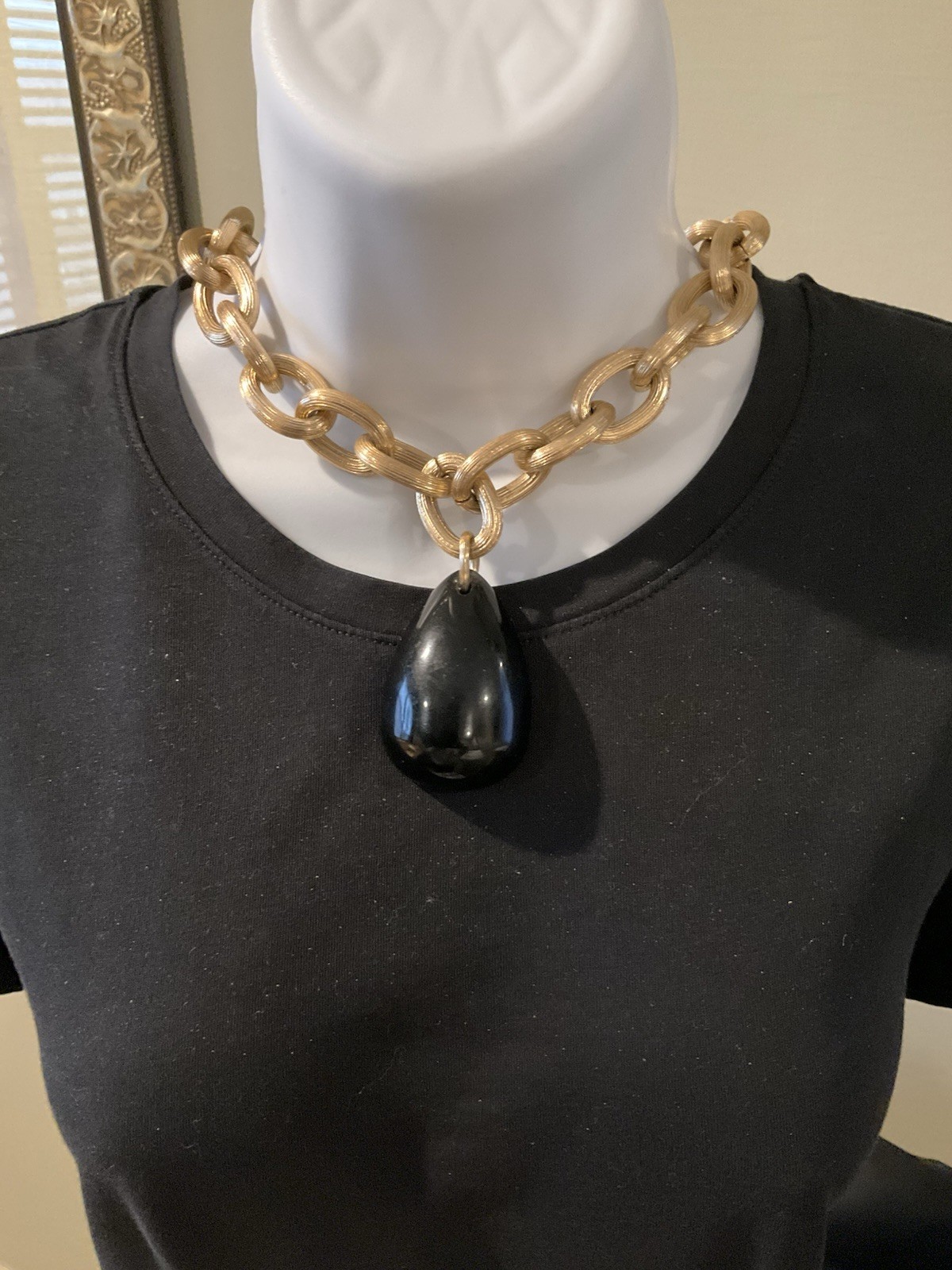 Vintage Light Chunky Necklace with Large Black Pendant Bold Statement Piece