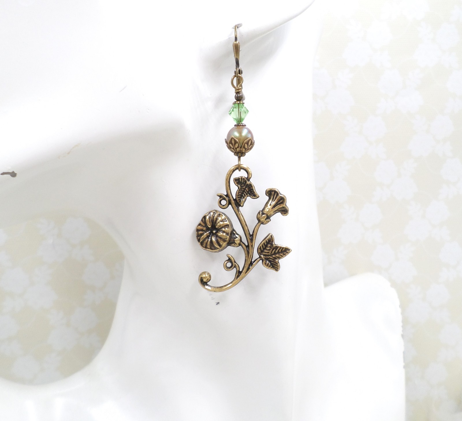 Art Nouveau Floral Brass Earrings Green Crystal Dangle Leverback Vintage Style