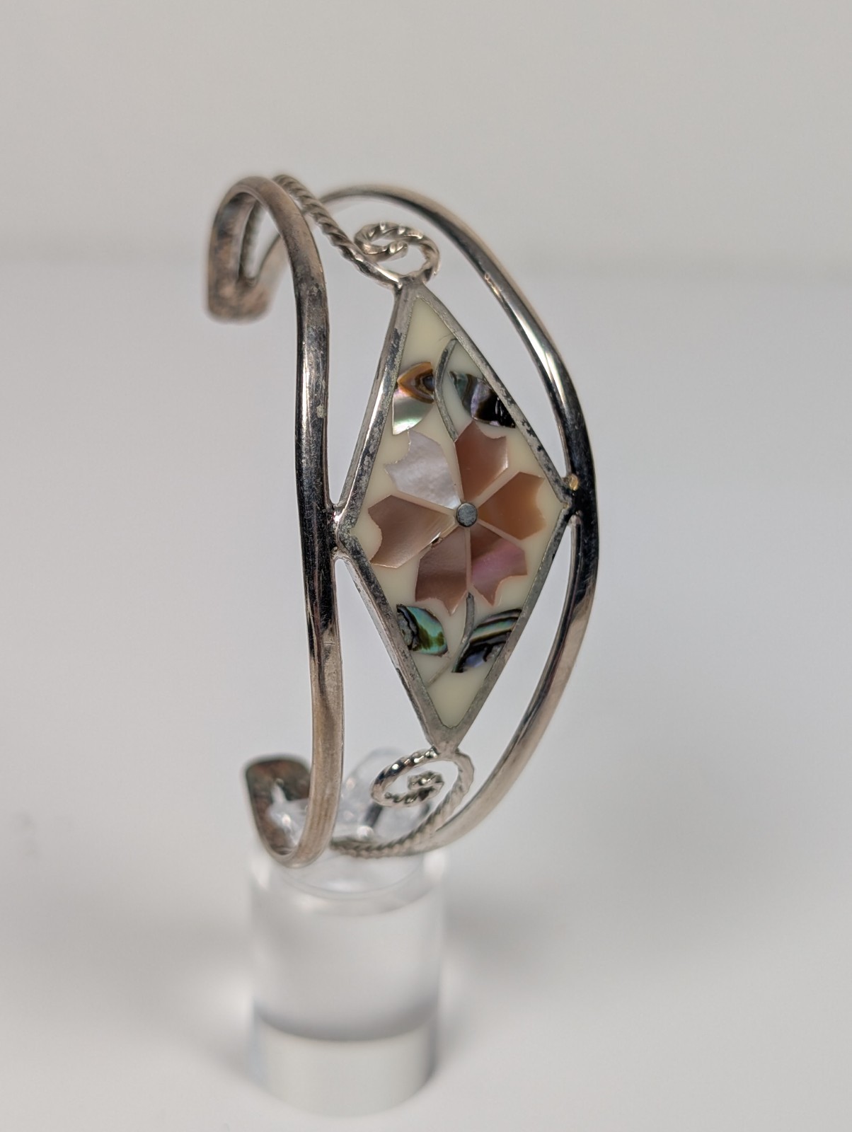 Vtg Alpaca Mexico Cuff Bracelet MOP Abalone Shell Inlay Silver Tone 1980s NOS