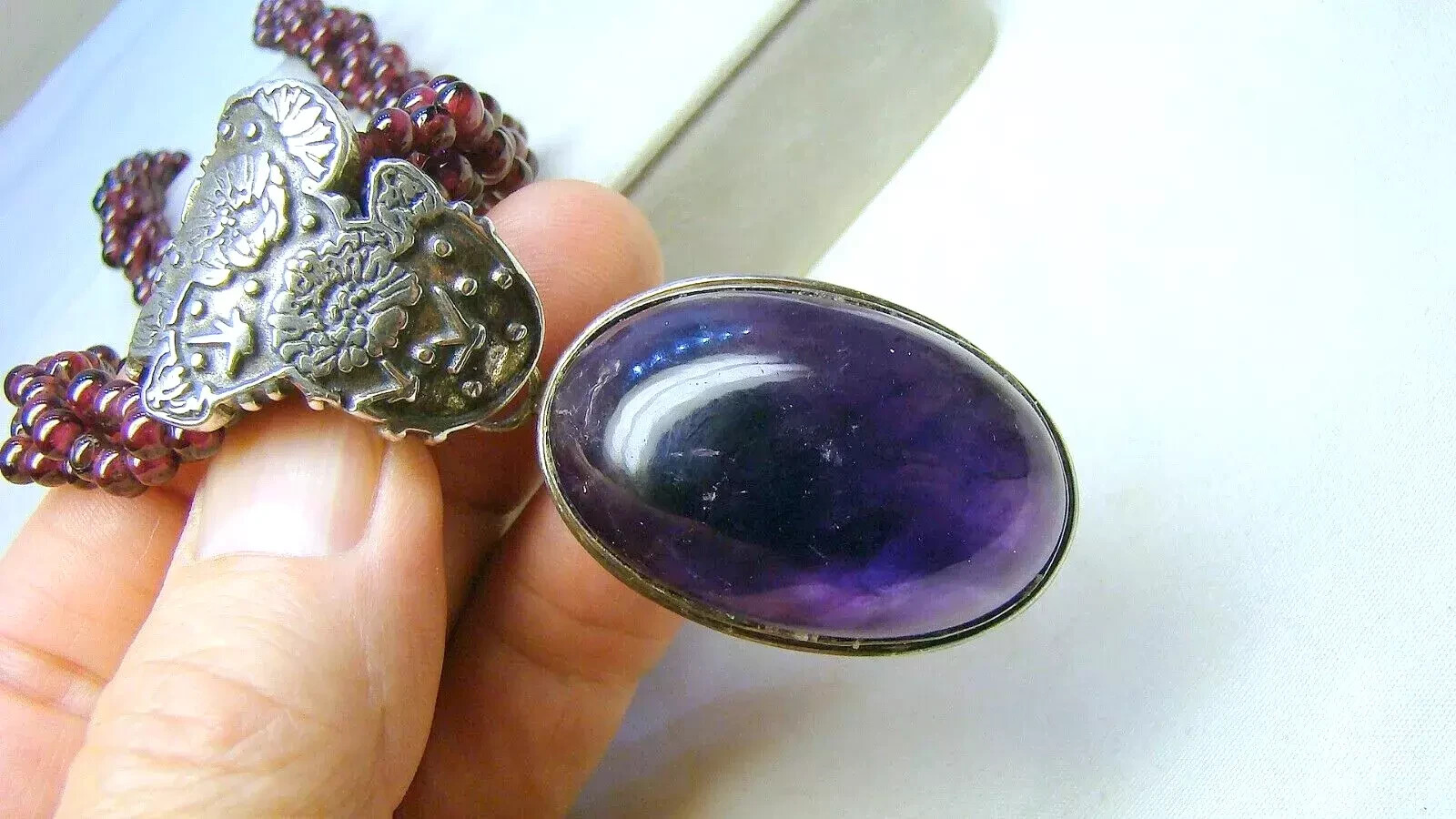 Ornate Heavy Sterling Large Amethyst Quartz Pendant Rope Bead Necklace