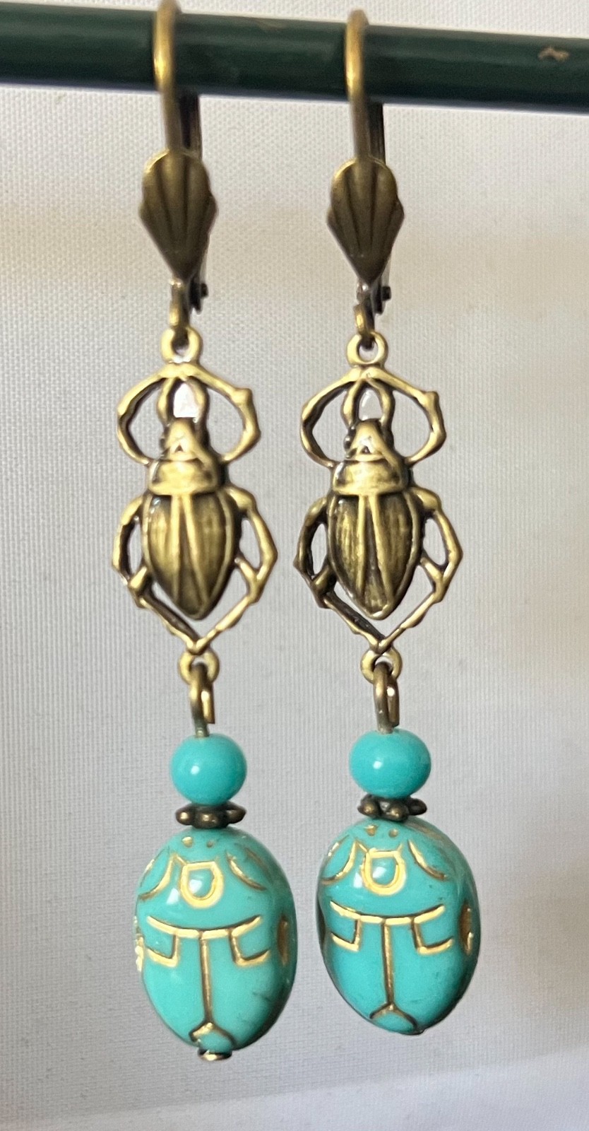 Scarab Earrings Egyptian Revival Antique Turquoise Czech Glass & Brass Filigree